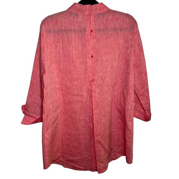 Chicos 100% Linen No Iron Button Up Shirt Pink Red Coral Size 1 Collar Summer - Picture 2 of 9